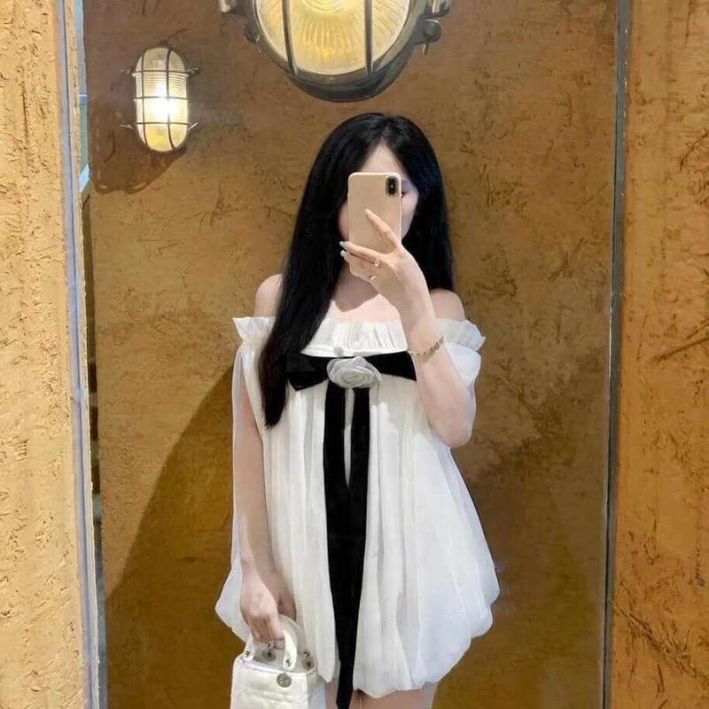 Set bộ trễ vai bí voan tơ kèm nơ hoa cài ngực  Dress Nữ