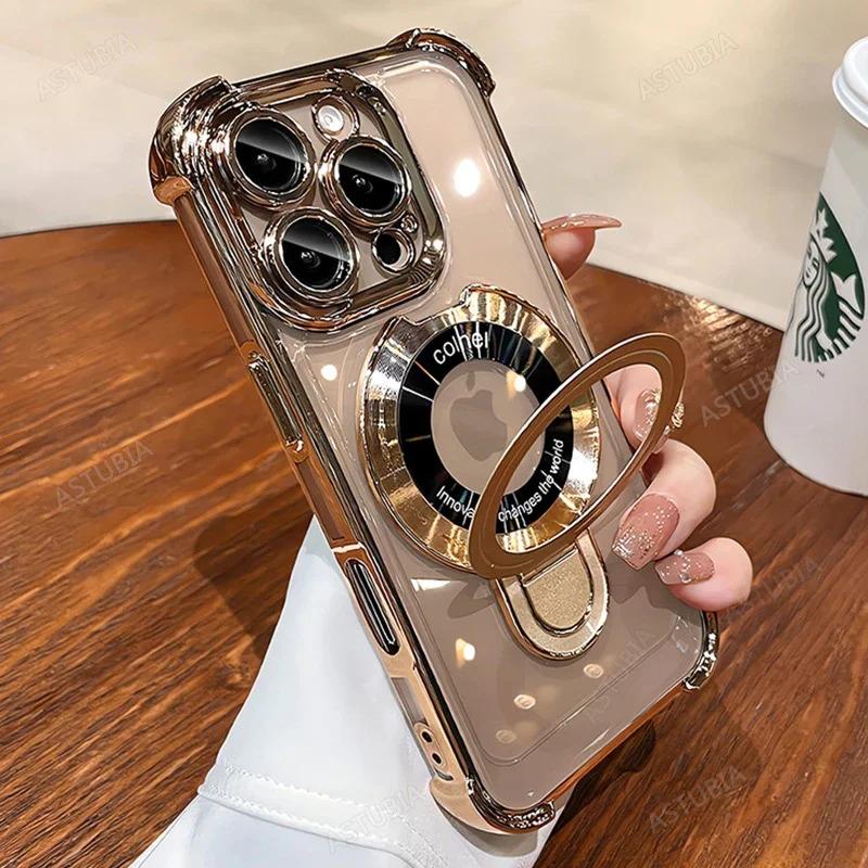 Product Introduction of Shockproof Plating Magnetic Stand Holder Clear Case For iPhone 16 15 14 13 12 11 Pro Max Plus For Magsafe Wireless Charge Cover 14
