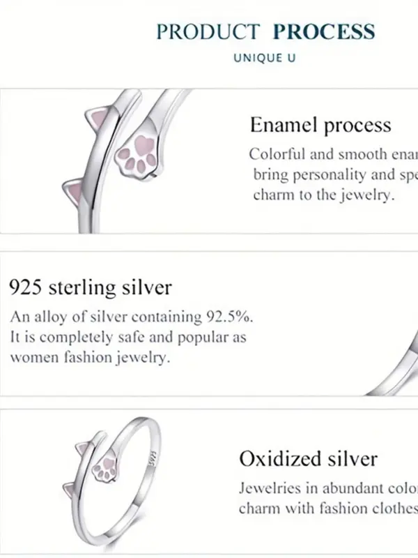 925 Sterling Silver Cute Cat Paw Design Cuff Ring, Adjustable Open Ring, Fashion Jewelry Accessories for Women & Girls 6