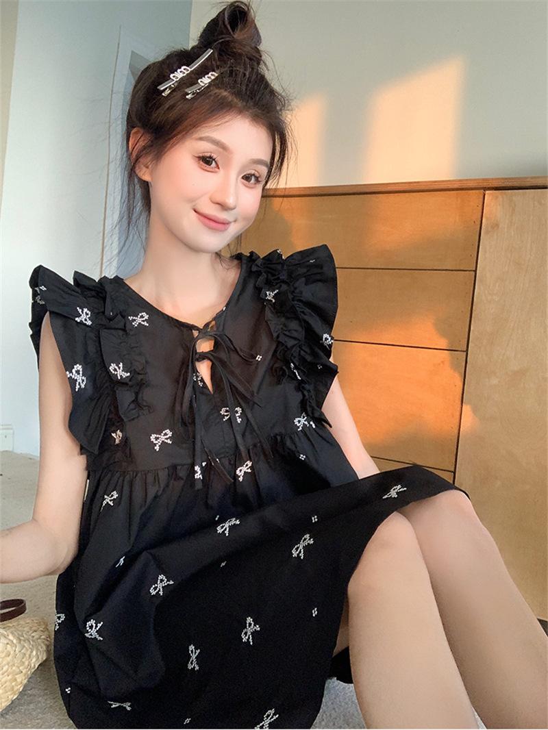 Product Introduction of JLYDQ*Sweet doll skirt with small flying sleeves, black dress for women in summer, loose ruffled hem, belly covering, short skirt, cute jumpsuit, short skirt 11