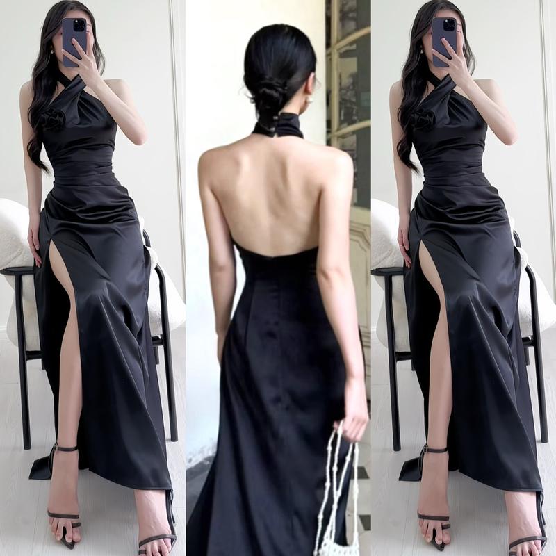 NÚT GÀI CỔ - KHÔNG KÈM HOA - Váy Lụa Hở Lưng Xẻ Tà Dây Chéo Xếp Li Dáng Dài Chạm Gót Chất Vải Mềm Mịn Phong Cách Gợi Cảm Sang Trọng Dành Cho Nữ - TQ265 Dress Women Voi