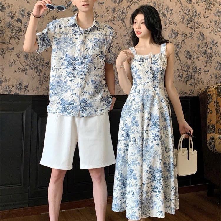 Nam max 100kg - Áo váy cặp đôi đi biển hoạ tiết xanh nhún ngực - FOREVER COUPLE