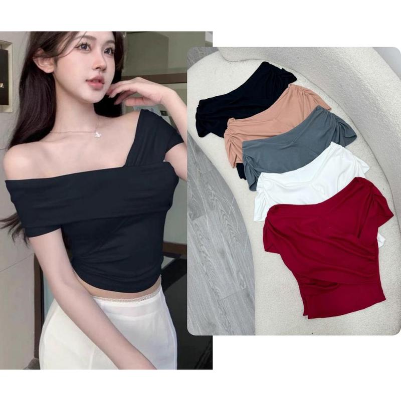  Áo Thun Bigsize Nữ Kiểu Tay Ngắn Trễ Vai Chéo Trước Thời Trang Cá Tính Năng Động Thanh Lịch Vải Borip 59-95kg A240 Top  Women Tim Sò 