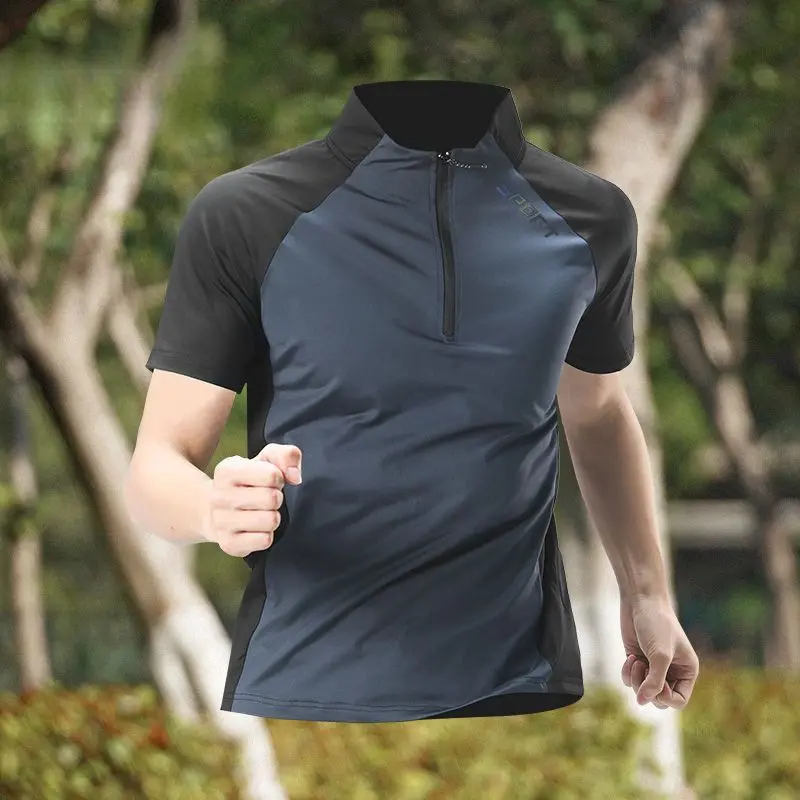 Quick Drying Clothes Men's Training Clothes Short-Sleeved Track and Field Running T-shirt Outdoor Cycling Half Zipper Top Sports T-shirt