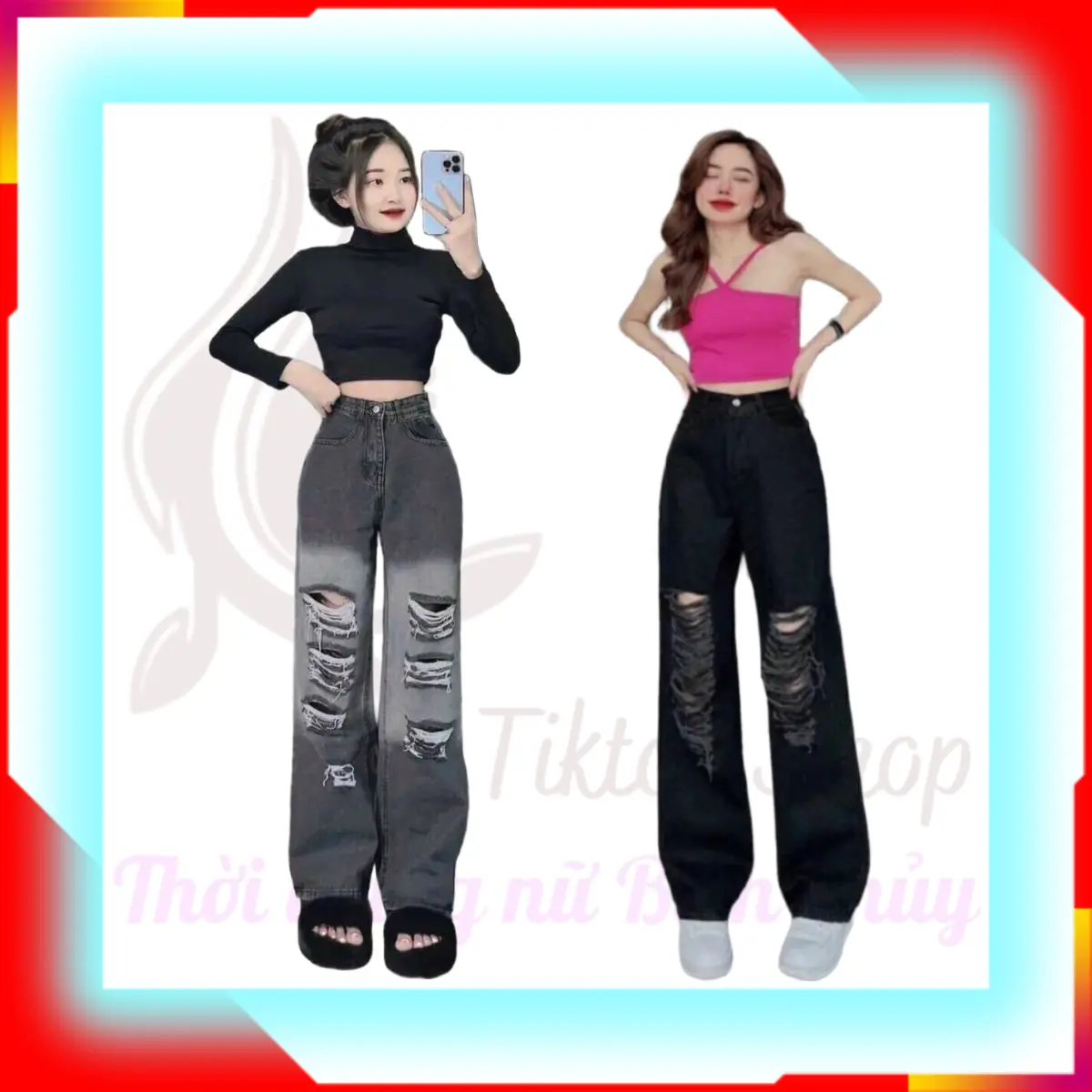 Quần ống rộng nữ rách kiểu, quần jean nữ rách gối lưng cao Hottrend Denim Pants Women  đường phố