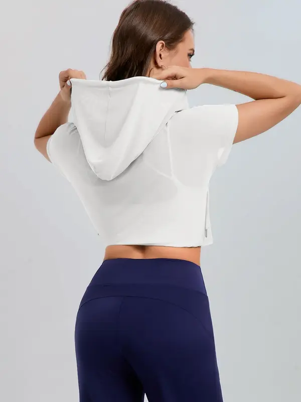 Women's Solid Zip Up Sports Jacket, Breathable Sun Protection Short Sleeve Open Front Outerwear for Gym Workout Running, Ladies Sportswear for All Seasons, Womenswear 5