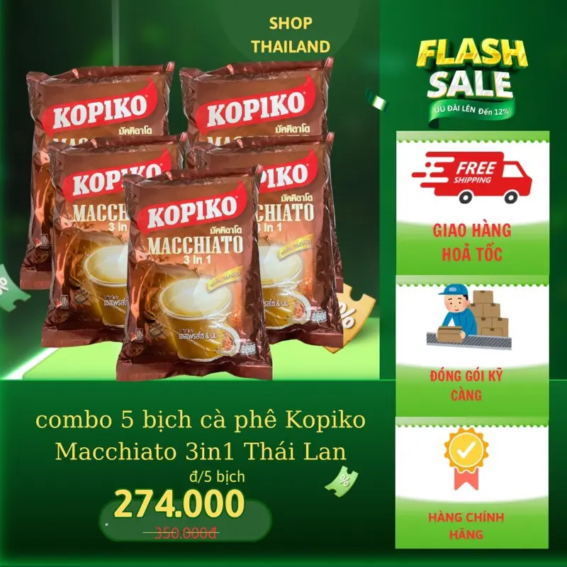 Combo 5 bịch cà phê Kopiko Macchiato 3 in 1 Thái Lan 480g x 20gói