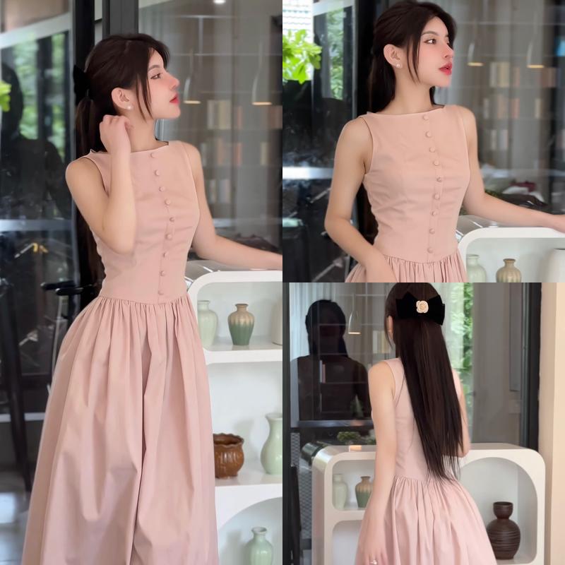  Váy liền M68 xoè dài phối cúc bọc Nữ Voi Dress Voan Kem Hồng Nhung 