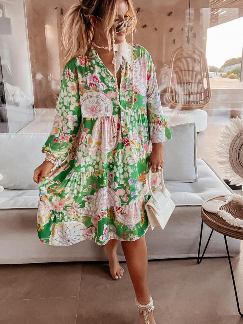 Product Introduction of Women's Floral Print Button Front Dress, Boho 3/4 Sleeve Short Dress for Summer, Ladies Clothes for Beach Holiday Vacation, Holiday Dresses 1