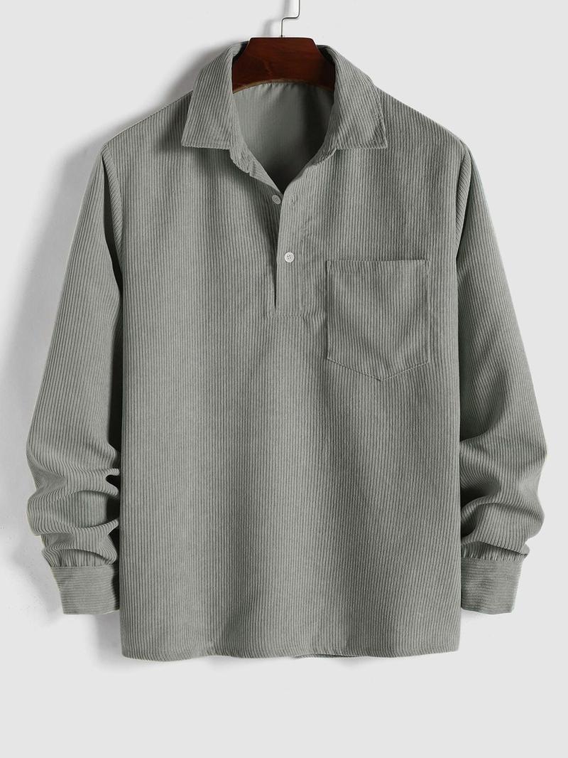 Product Introduction of Men's Solid Half Button Corduroy Shirt, Regular Fit Casual Long Sleeve Collared Top for Fall & Winter, Men's Clothes for Daily Wear, Clothing 15