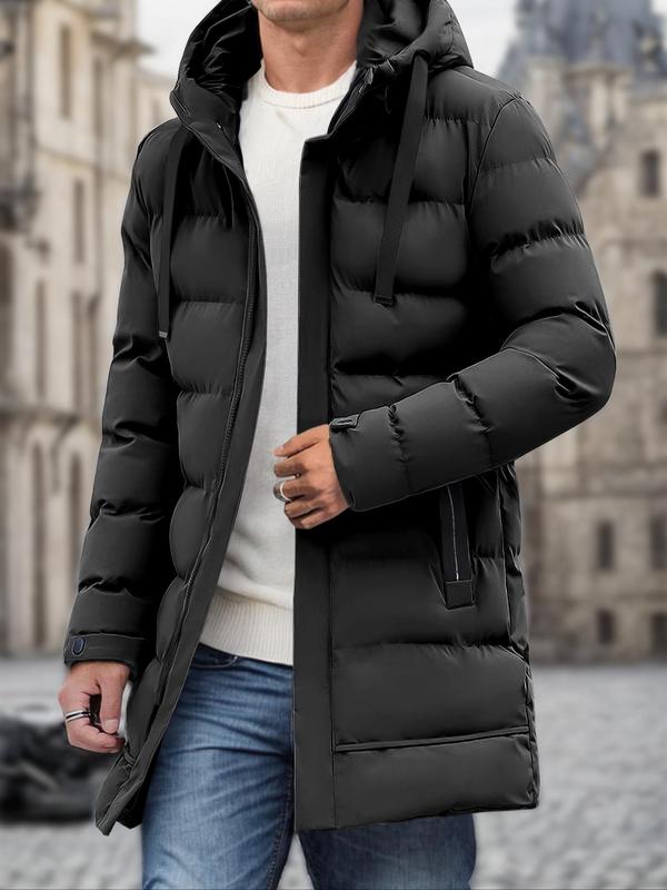 Men's Solid Zip Up Windproof Waterproof Hooded Puffer Coat, Casual Long Sleeve Thermal Outerwear for Winter, Men's Clothes for Daily Wear 0