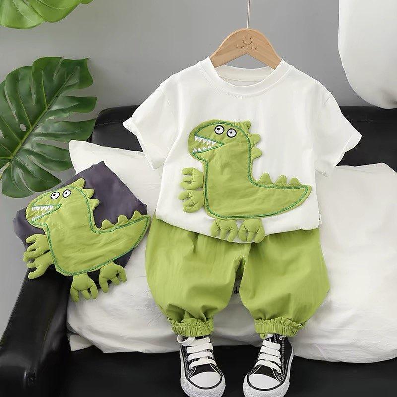 [MẸ THÓC ] Set bộ quần áo bé trai : Áo in khủng long 3D và quần thô ngố mềm 2 màu hàng QCCC BY KID CLOTHING