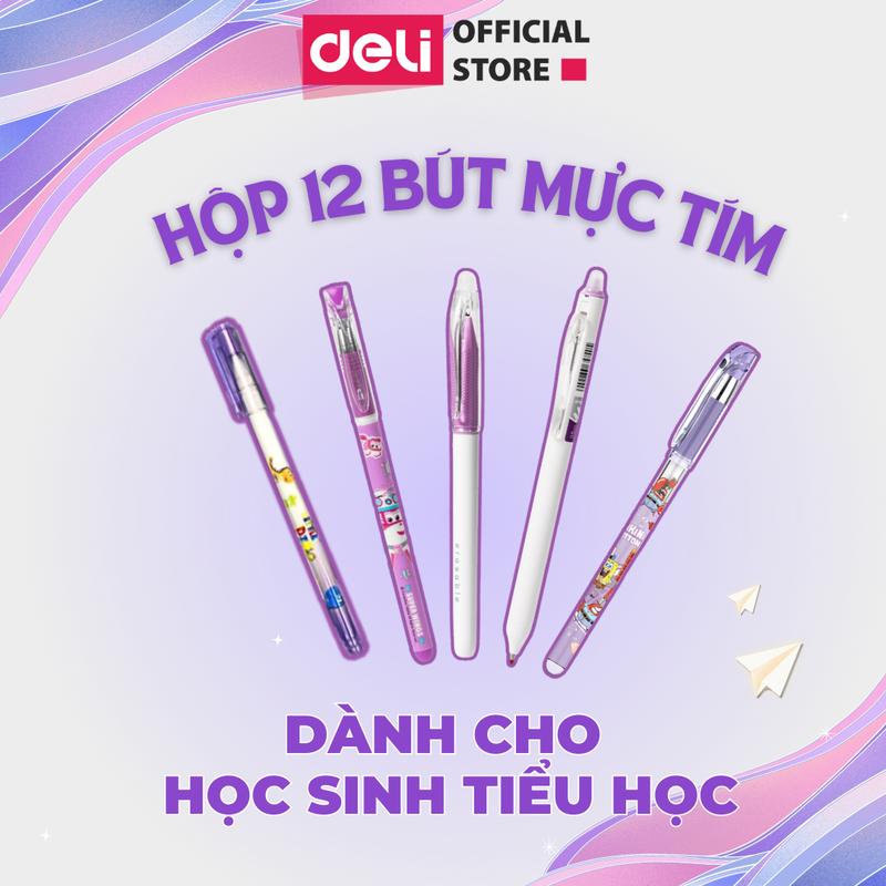 Hộp 12 bút mực tím học sinh Deli - Thiết kế dễ thương - Ngòi 0.5 nét nhỏ viết trơn tru Học sinh cấp 1 2
