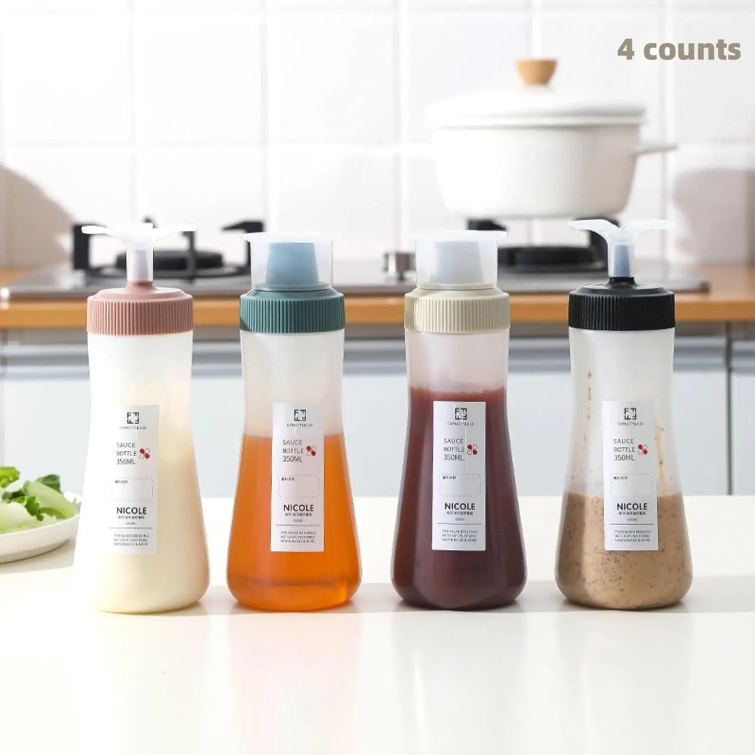 12oz Squeeze Bottle Set, 4 Counts Food Grade Salad Sauce Honey  Tomato Sauce Bottle,  Seasoning Bottle for Home Office Dormitory Dining Room Picnic