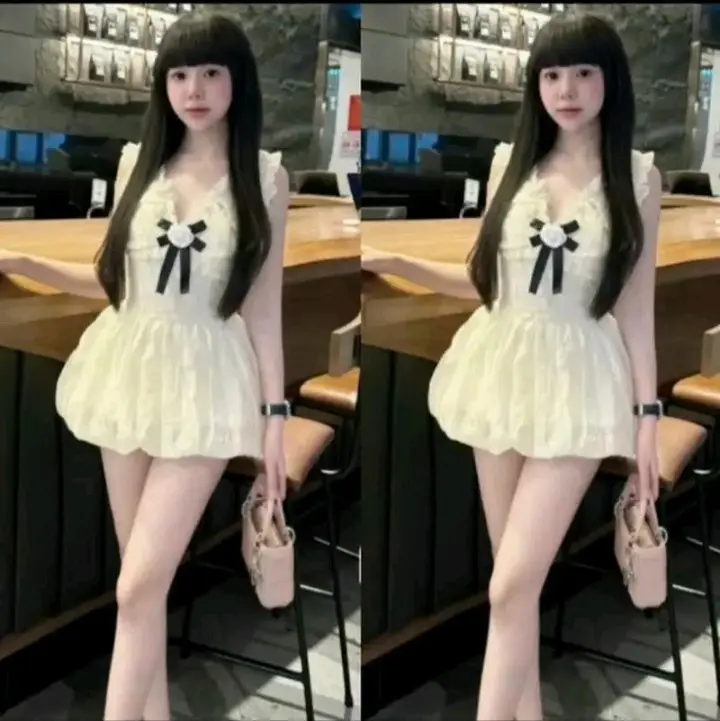 Đầm Tiểu Thư Xốp Bí Cổ  V Tang Nơ Hoa Trà (kèm quần nữ)