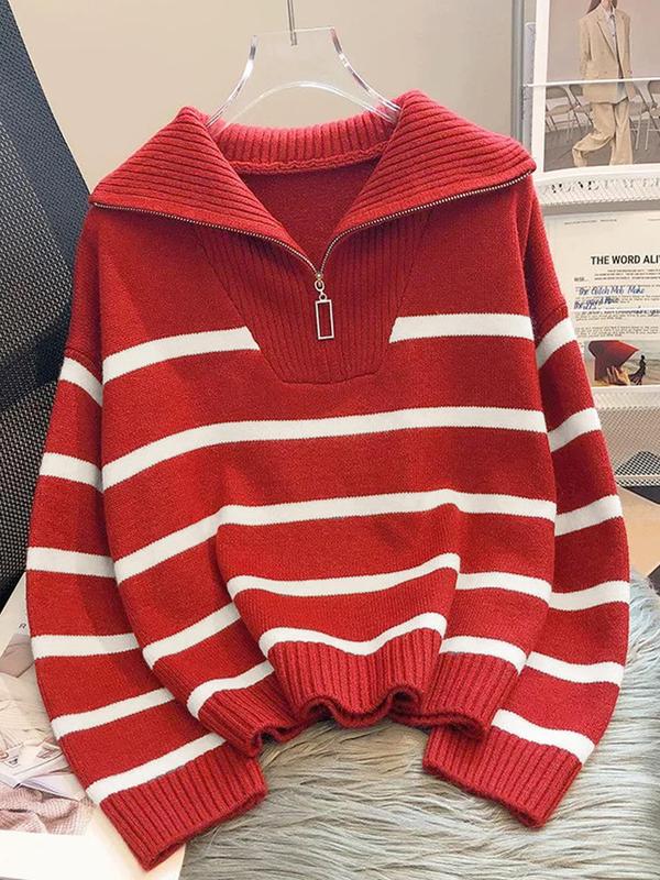 Women's Striped Print Zipper Drop Shoulder Sweater, Casual Pastel Long Sleeve Collared Mam Jumper Striped Sweater for Daily Wear, Women's Knitwear Top for Fall & Winter, Go Out Tops, Trending Clothing Women 6