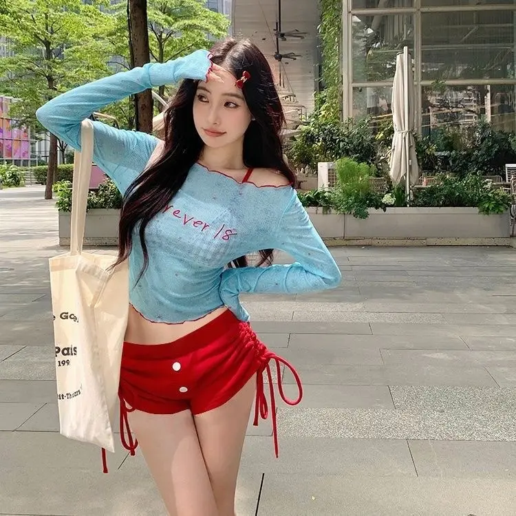 Sporty Long Sleeve Two-Piece Swimsuit Four-Piece Set Vacation Casual Swimwear Conservative Slimming Plaid Swimwear Wholesale 3