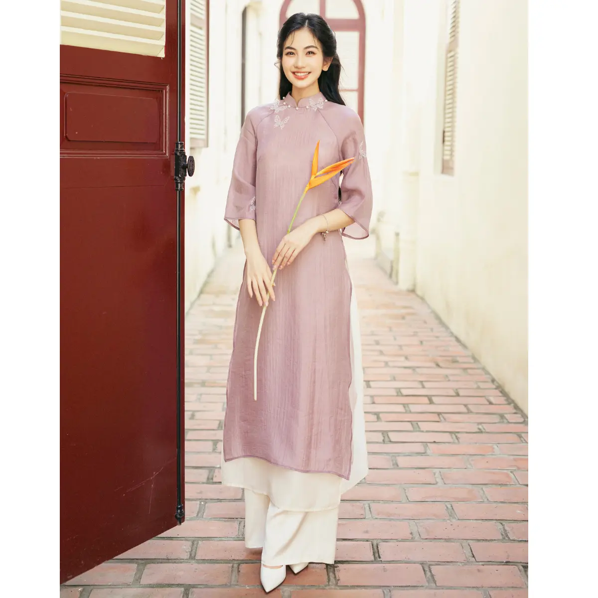 Áo dài Hồ Điệp chất liệu tơ crep, áo dài dáng suông tay xòe cổ 2p AD34 Nữ Dress Đầm Váy Women