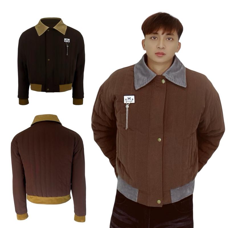 Fox Luxury I Áo khoác form boxy dáng ngắn chần bông màu nâu sáng kèm họa tiết logo I AKBX1 Jacket Menswear Nam