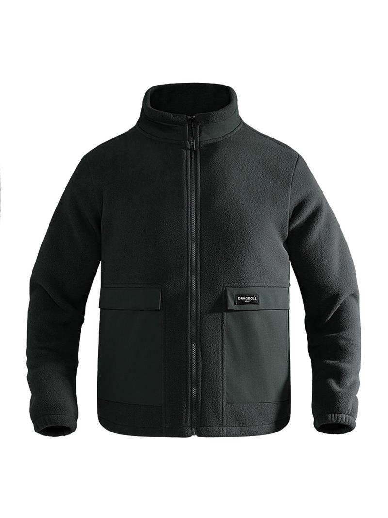 Product Introduction of Men's Solid Patched Pocket Zipper Funnel Neck Fleece Jacket, Regular Fit Casual Long Sleeve Zip Up Outerwear for Fall & Winter, Men's Clothes for Daily Wear 7