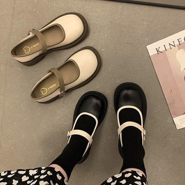 Fashionable Thick-Soled Mary Jane Leather Shoes 2024 Soft-Soled Buckle Retro Low-Cut Chunky Heel Shoes with Single-Layer Shoes 1