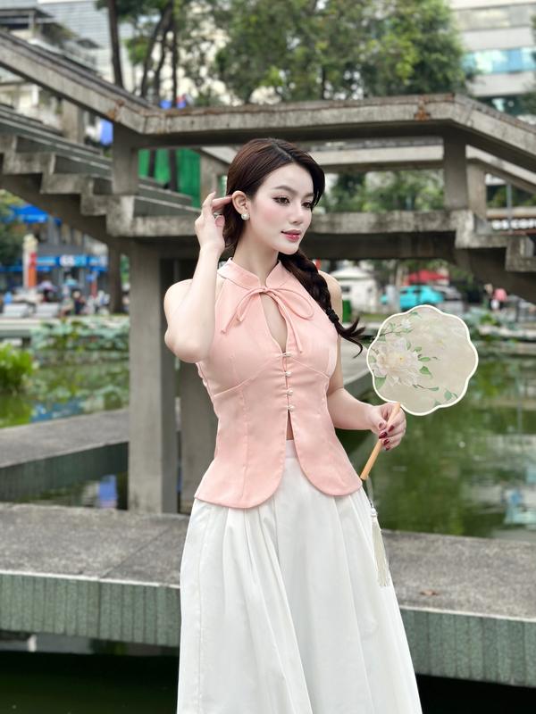 Set áo cổ yếm Tết và chân váy xoè form dài nữ tính - Set yếm Đào JUICY CLUB - Có tách set 6