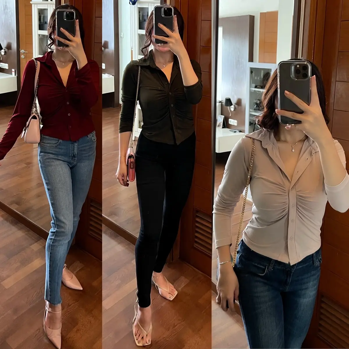 Baju Atasan Long Sleeve Kerah V Neck baju casual jersey lembut tidak panas Kancing Formal Wanita Tangan Panjang Mewah