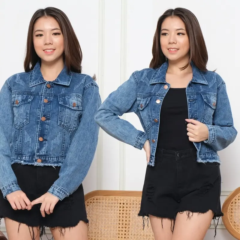 lucretia -Jaket Jeans Crop Rawis Unfinished  Panjang Softjeans- Jaket Wanita Crop Rumbai-Jaket denim Crop Termurah - Pakaian Wanita Cewek Blazer outer Hitam Casual 2