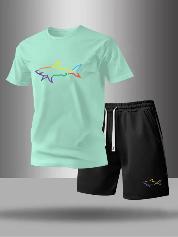 Men's Graphic Print Tee & Drawstring Waist Shorts Set, Casual Round Neck Short Sleeve T-shirt & Pocket Track Shorts, Men's Two-piece Outfits for Summer 6