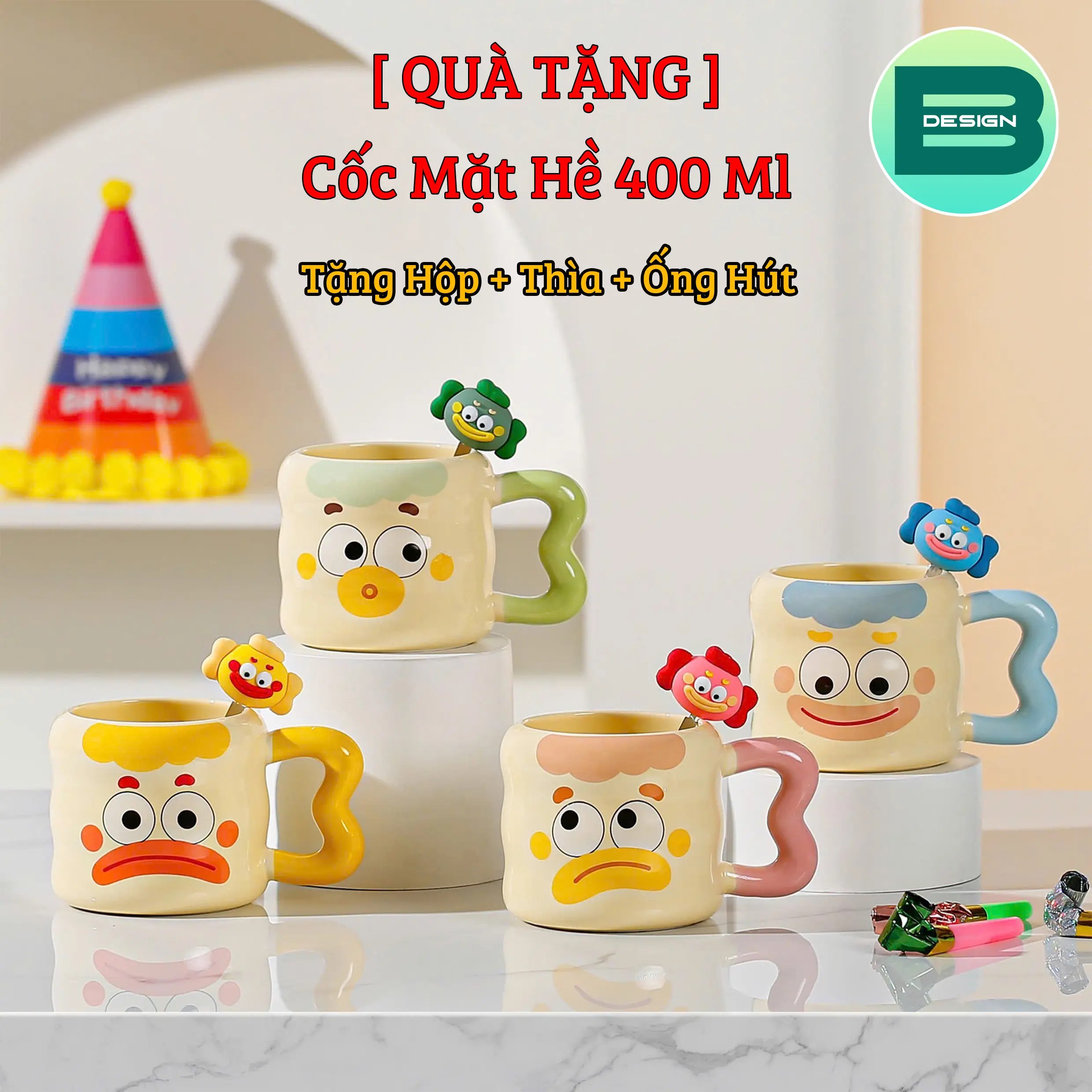 [Bắp Design] Cốc Sứ Quà Tặng Mặt Hề 400ml - Tặng Kèm Thìa và Ống Hút Thủy Tinh cốc  biến ly  gấu cốc  thư