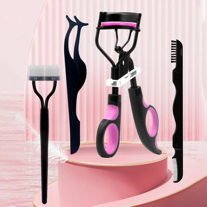 Eyelash Clipper Straight Steel Comb Folding Double Ended Eyebrow Brush Fake Eyelash Tweezers Multifunctional Beauty Tools Eyelash 4-Piece Set eyebrow  trimmer