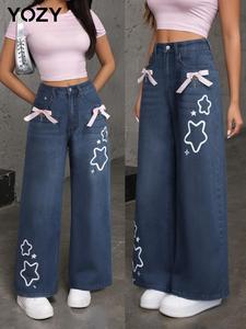 YOZY Women's Star Print Pocket Bow Decor Jeans, Casual Button Zipper Fly Denim Trousers for Fall & Winter, Women's Denim Jeans for Daily Wear