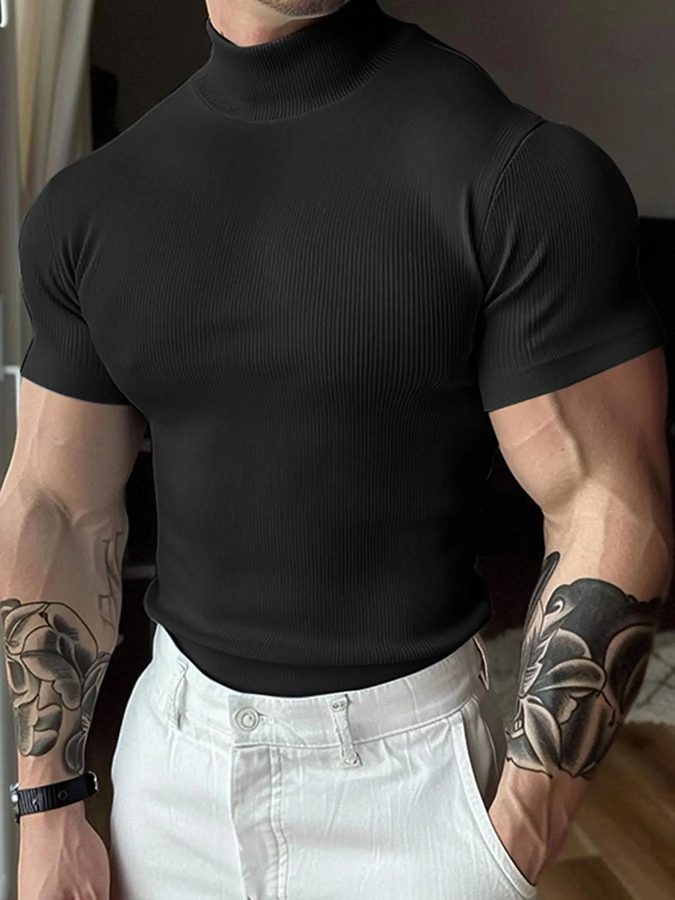 Men's Solid Turtleneck Short Sleeve Tee, Casual Slim Fit Crew Neck Top for Summer, T-shirt for Men, Streetwear Fashion Men's Clothing for Daily Wear