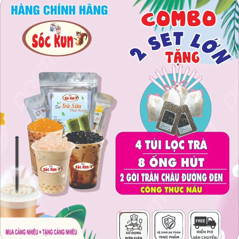 COMBO 2 sét Trà Sữa Lớn (30-40ly)  tặng 8 ống hút, 4 túi lọc trà,2 gói chân châu đen , công thức (sau mặt tem) -Bếp Trà Sữa Sóc Kun chính chủ Topping Chua