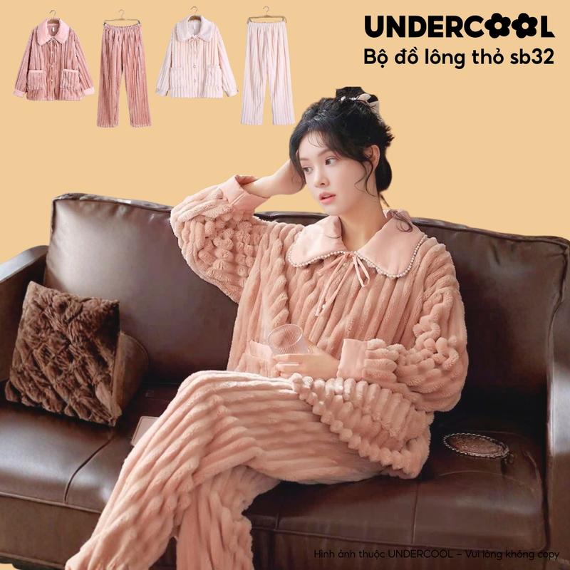  Bộ đồ Pijama ngủ lông thỏ nữ UNDERCOOL cổ bẻ đính ngọc trai cao cấp pijama mặc nhà mùa đông siêu ấm Hàn Quốc SB32 