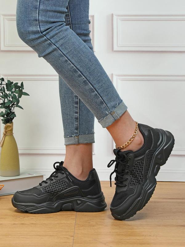 1 Pair 2023 New Trendy Mesh Woven Platform Trainers for Women, Minimalist Lace-up Low Top Chunky Sneakers, Sporty Breathable Comfortable Running Shoes for Daily Wear 2