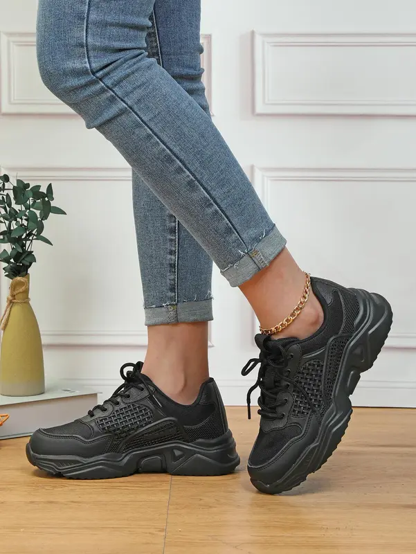 1 Pair 2023 New Trendy Mesh Woven Platform Trainers for Women, Minimalist Lace-up Low Top Chunky Sneakers, Sporty Breathable Comfortable Running Shoes for Daily Wear 2