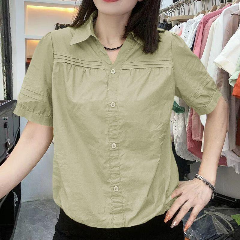 Áo Sơ Mi ngắn Tay Xếp Ly Phong Cách Trung Quốc Mới, Áo Sơ Mi Ngắn Eo, Hàng Mới Về Mùa Hè, Cổ Áo bẻ xuống Mỏng, Áo Bó Sát Dáng Rộng Rãi, Dành Cho Nữ 0