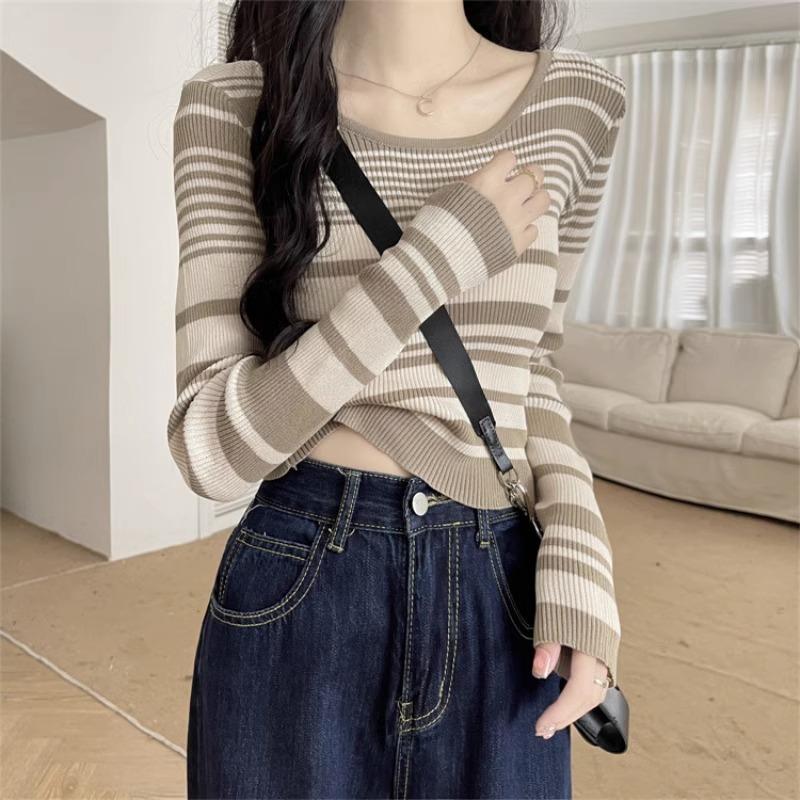 Áo Mặc Bên Trong Lớp Cơ Sở, Phong Cách Mỹ, Dành Cho Nữ, Cổ Điển, Đồ Len Kẻ Sọc, Ngắn, Thích Hợp Cho Mùa Thu, Dễ Phối Đồ, Duyên Dáng, Phong Cách Xã Hội Women Top Sọc Kẻ 3
