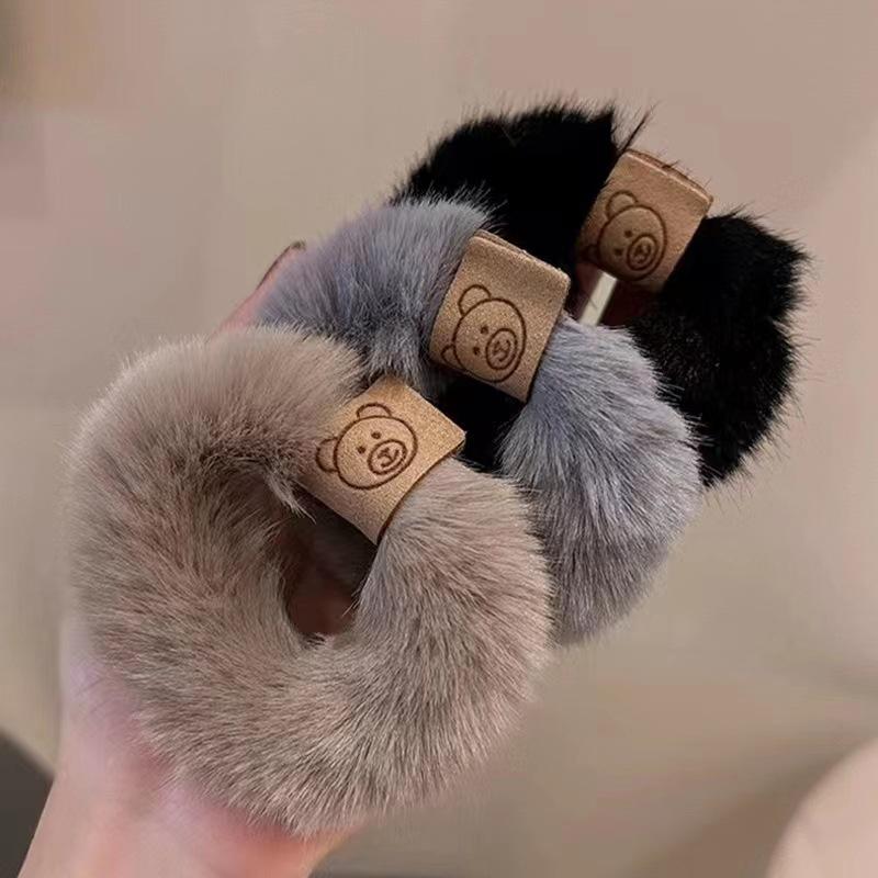 Srunchies cột tóc vải bông đính kèm gấu handmade màu trơn đáng yêu S46