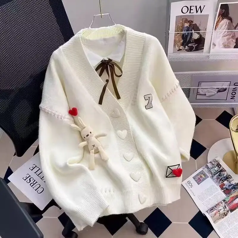Áo Cardigan, Hàng Mới Về 2023, Thiết Kế Hình Thỏ Dễ Thương, Họa Tiết Tình Yêu Và Đường Sáng Màu Tương Phản, Dệt Kim, Dành Cho Nữ, Áo Len Dáng Rộng Vừa Vặn