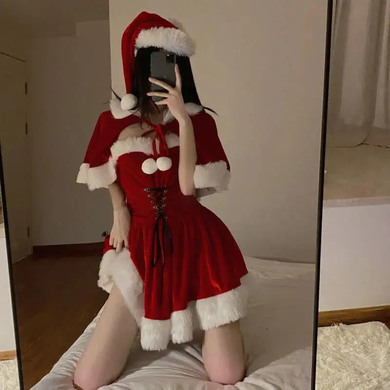 Phong cách cổ điển Thời trang Giáng sinh Không khí Tuyết Nhung Năm mới Màu đỏ tinh khiết Muốn Ngọt ngào Slim Fit Váy cô gái Women Dress
