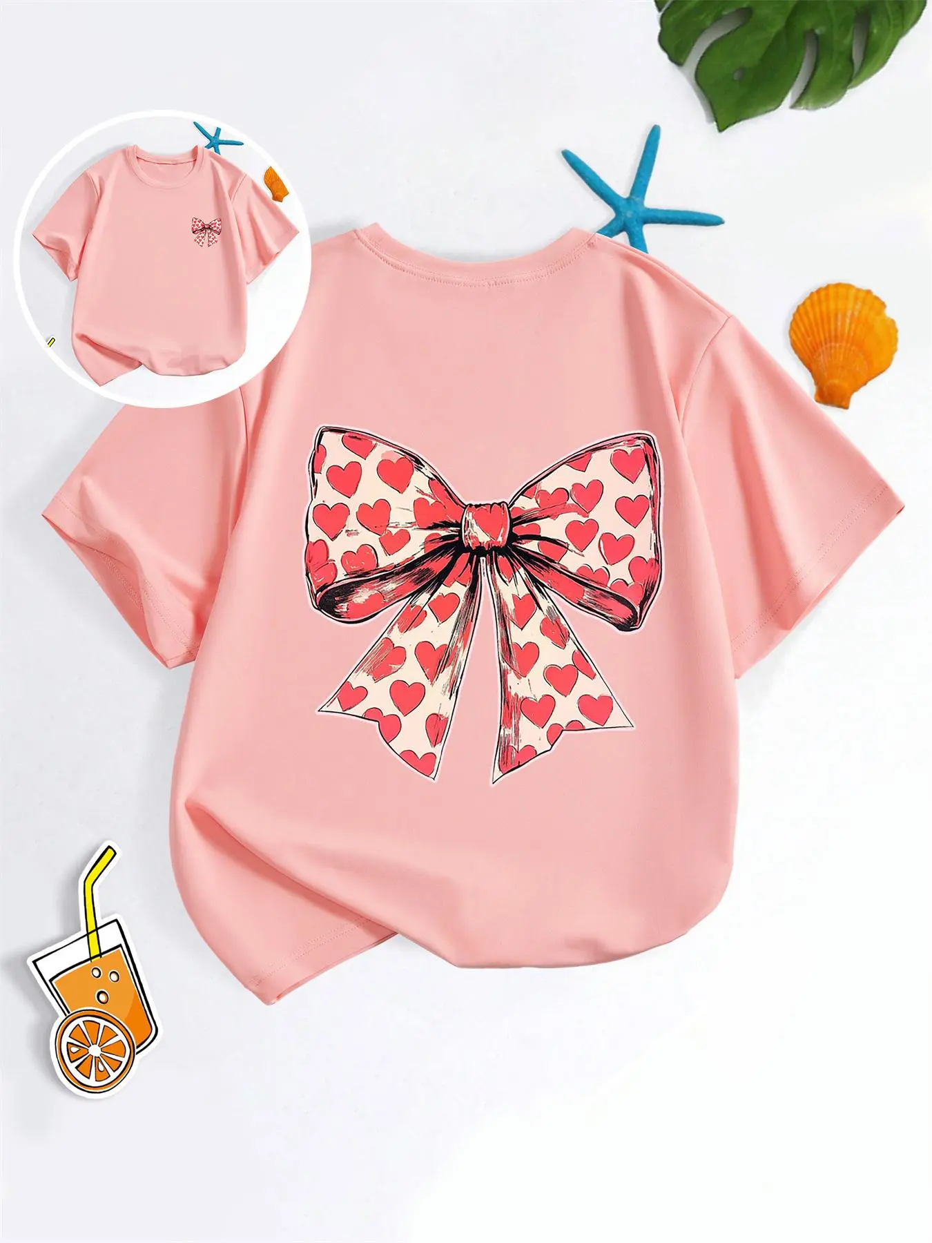 Girl's Cartoon Bow & Heart Print Round Neck Tee, Casual Short Sleeve T-shirt for Daily Wear, Kids Clothes for All Seasons