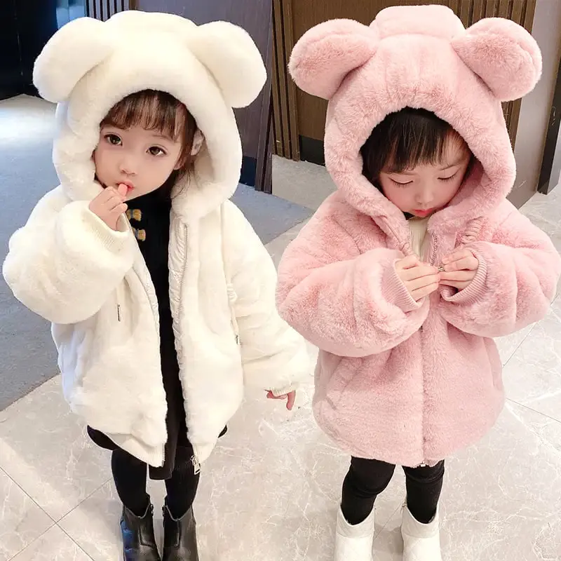 Jaket Bayi Mewah Telinga Besar Lucu Mantel Bulu Palsu Hangat Musim Gugur Musim Dingin Baru untuk Anak Perempuan Mantel Salju Bertudung Pakaian Luar Anak-anak Lembut Lengan