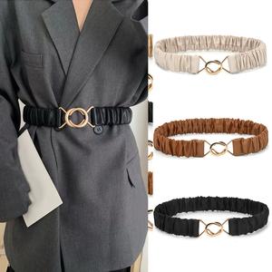 Korean Fashion Pleated Elastic Design Simple and Versatile Wide Elastic Belt Metal Double Buckle