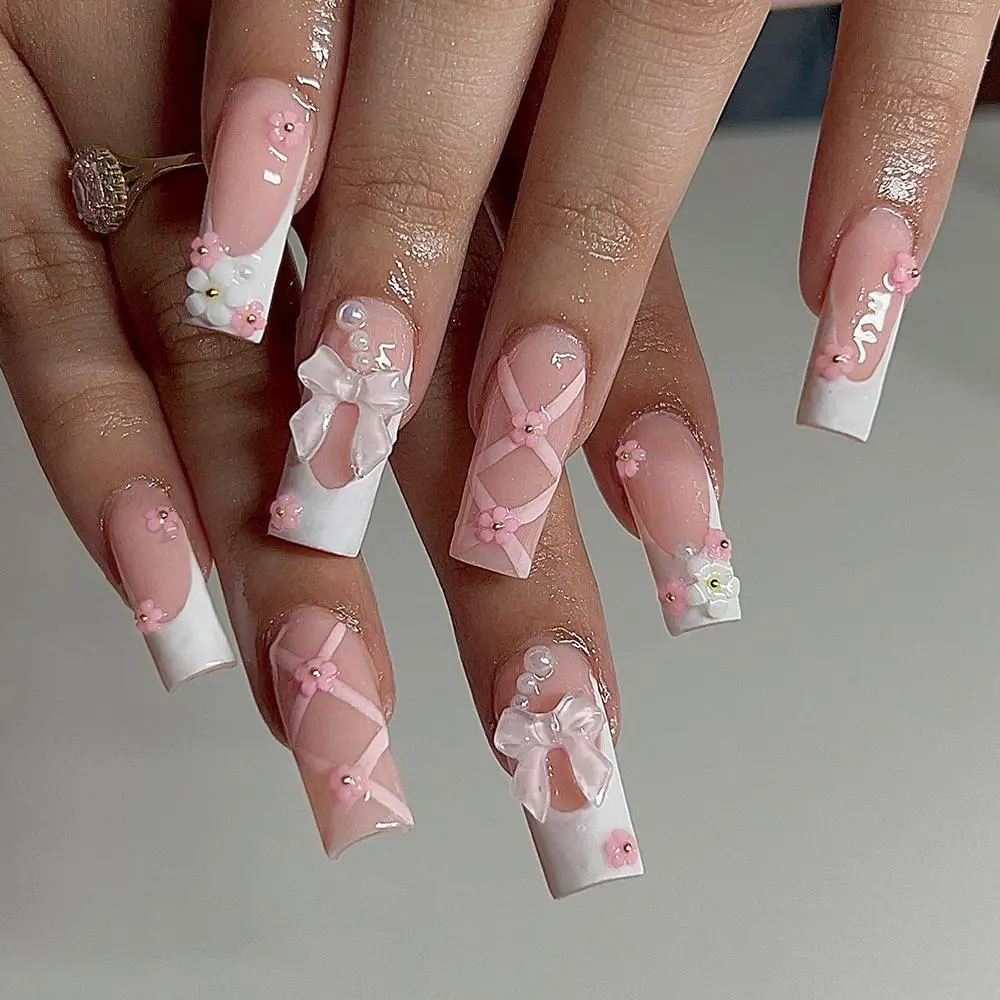 24pcs/set Cute Bow & Floral Decor French Style Long Square Fake Nails, Removable Press On False Nail for Girls and Women, Christmas Gift