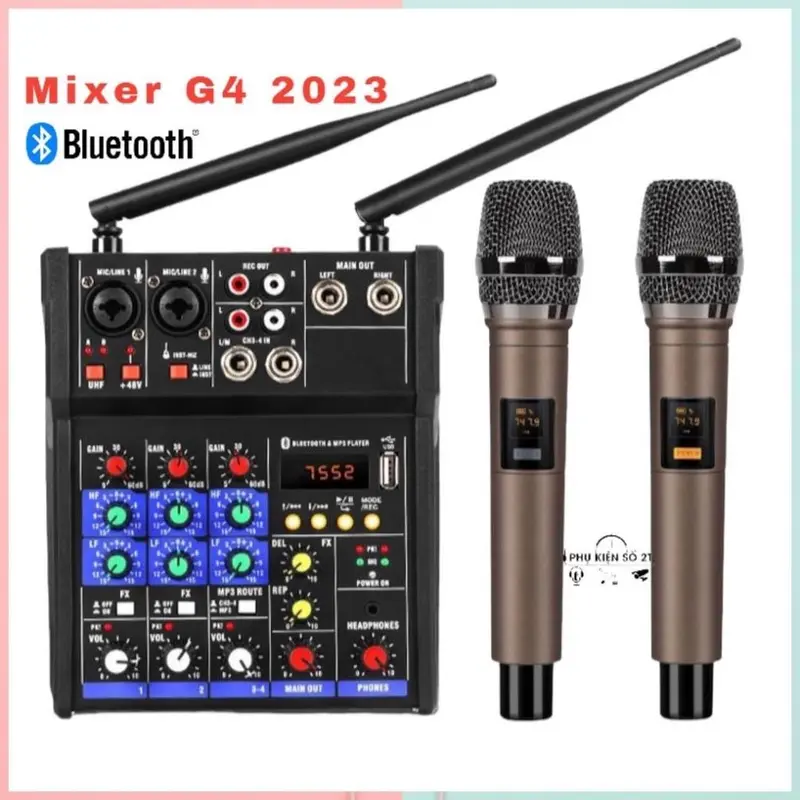 Bộ Mixxer hát livestream G4 Bluetooth kèm 2 mic không dây. Dùng được cho loa kéo, loa ô tô, dàn karaoke gia đình, livestream, thu âm Kem Mixer 2