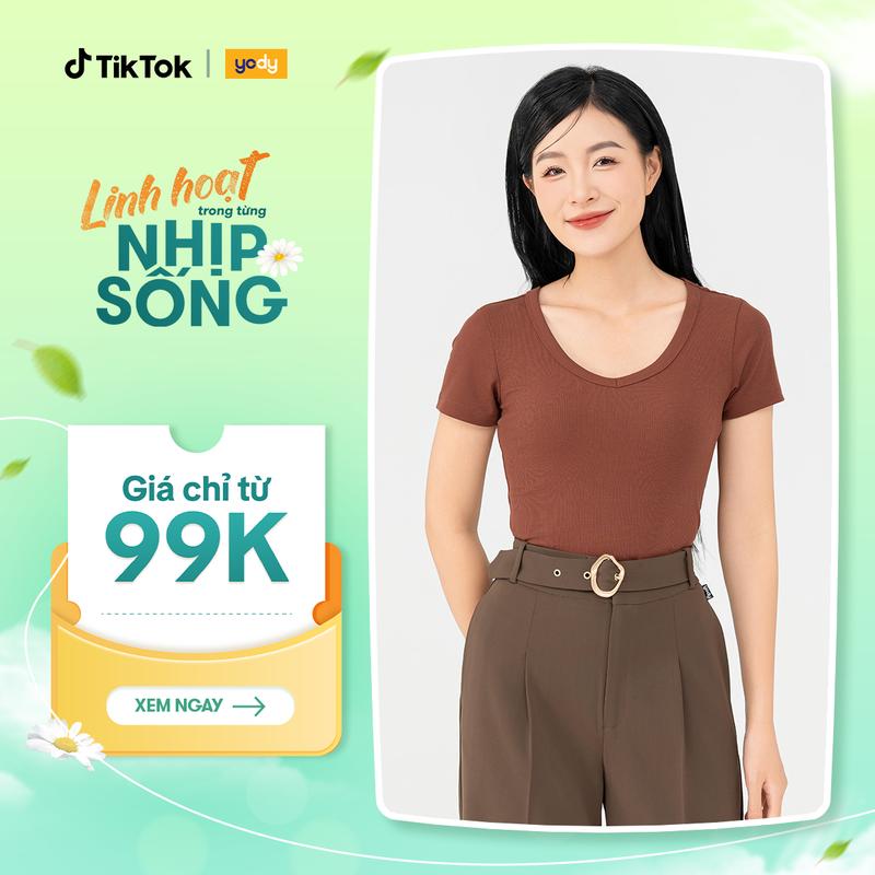 YODY Áo Phông Nữ Thun Rib Cổ Tim TSN7084