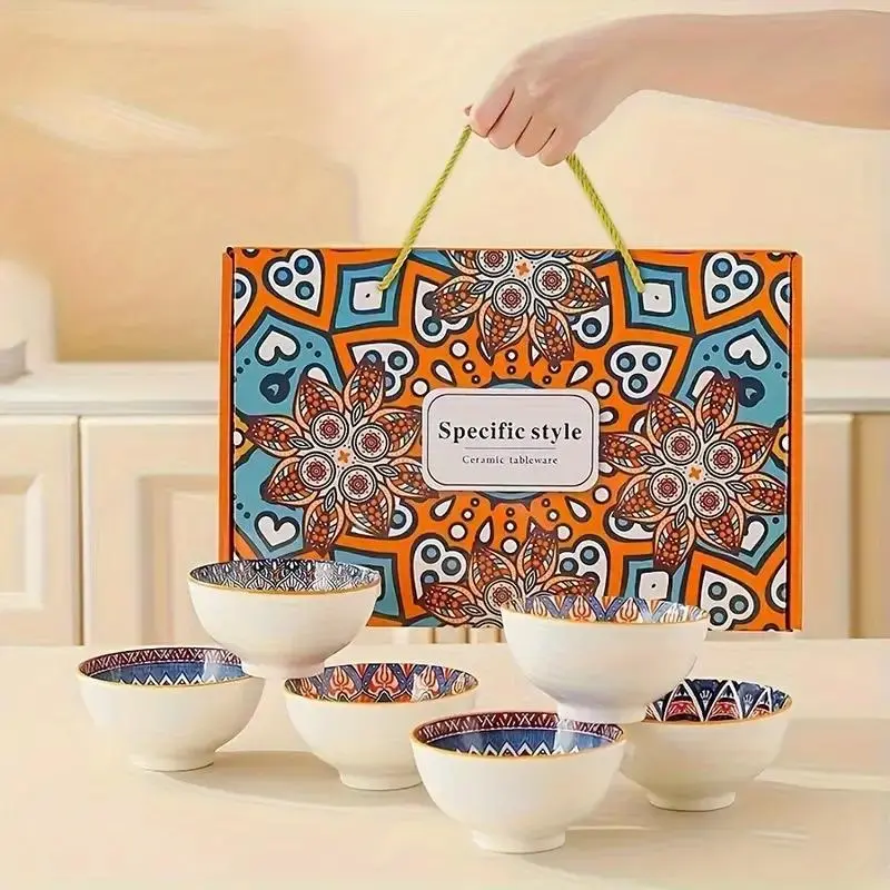 Boho Style Ceramic Tableware Set, Including Bowl & Plate & Spoon & Chopsticks & Gift Bag, Household Tableware Set for Home Kitchen Dining Room 3
