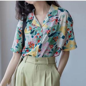 เสื้อเชิ้ตแขนสั้น พิมพ์ลายดอกไม้ ทรงหลวม อเนกประสงค์ สไตล์ฝรั่งเศส เรโทร เหมาะกับฤดูร้อน สําหรับผู้หญิง
